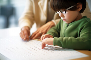 Visually impaired child in glasses engage in hands-on braille reading exercises in the inclusive...