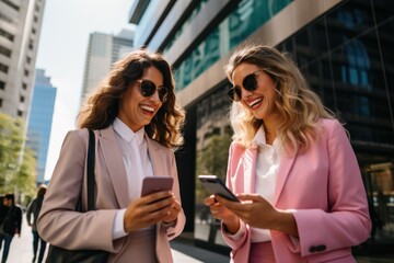 Two young stylish business women with their smartphones on a sunny day