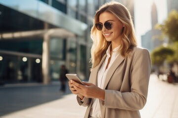 A stylish young woman in a suit using her smartphone on a sunny day