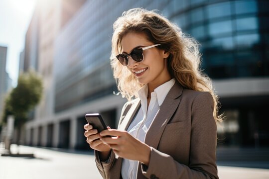 A young business woman in a suit using her cell phone on a sunny day