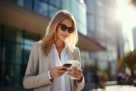 A young blonde business woman in a suit using her cell phone on a sunny day