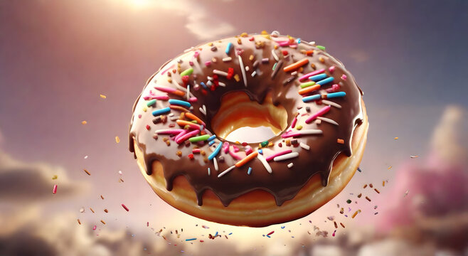 Real photo of chocolate donuts being thrown with tiny colored chocolates on it