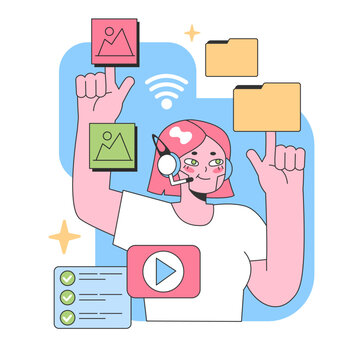 Engaged virtual assistant manages multimedia elements. She juggles images, videos, and data while maintaining seamless connectivity. Multitasking in a digital age. Flat vector illustration