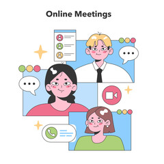 A virtual team engaged in an online meeting, with speech bubbles and video icons illustrating dynamic remote communication. Flat vector illustration.