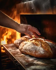 Papier Peint photo Lavable Boulangerie a baker putting bread into the oven