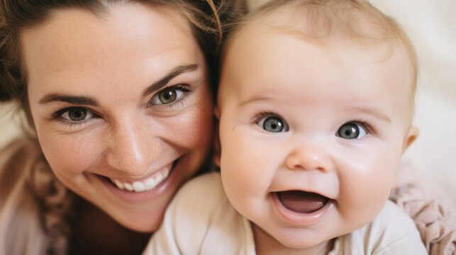Mother and infant share a moment of pure joy in a posed photograph.