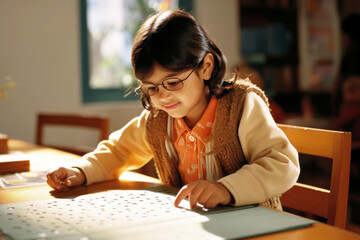 Naklejka na ściany i meble Portrait of a Visually impaired indian girl in glasses reading braille in the inclusive elementary school. Accessibility and equality in classroom. Inclusive education, World Braille Day concept