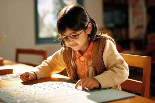 Portrait of a Visually impaired indian girl in glasses reading braille in the inclusive elementary school. Accessibility and equality in classroom. Inclusive education, World Braille Day concept