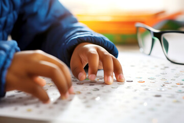 Close up hands of visually impaired african ethnicity child at a braille-friendly, inclusive elementary, primary modern school. Glasses lie in the background. World Braille Day concept