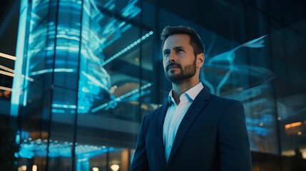 Confident Businessman with Modern Building Blue Hologram, Innovation, Technology, Contemporary, Executive