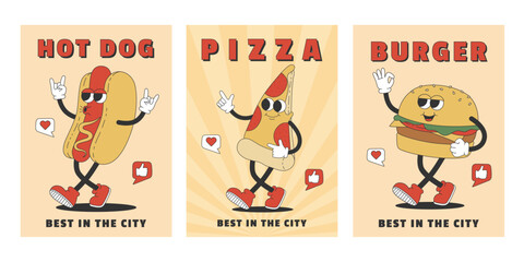 WebSet of trendy posters with groovy pizza, hot dog and burger. Cartoon characters in trendy retro style. Template for banner, poster, flyer. Vector illustration