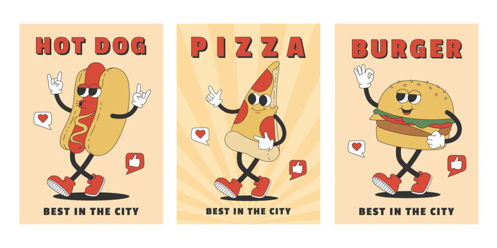 WebSet Of Trendy Posters With Groovy Pizza, Hot Dog And Burger. Cartoon Characters In Trendy Retro Style. Template For Banner, Poster, Flyer. Vector Illustration