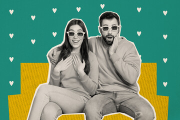 Artwork collage picture of two astonished black white colors partners cuddle watch movie 3d glasses painted hearts isolated on teal background - Powered by Adobe