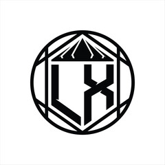 LX Letter Logo monogram hexagon slice crown sharp shield shape isolated circle abstract style design
