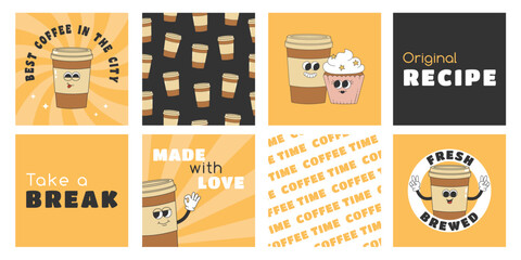 Coffee retro cartoon posters and cards. Cute characters, patterns and slogan quotes in trendy retro style. Vector illustration