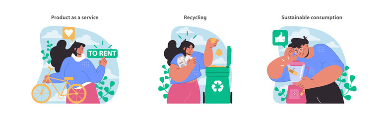 Eco-friendly practices set. Highlights renting over buying, diligent recycling, and mindful consumption. Promotes sustainable daily choices. Flat vector illustration.