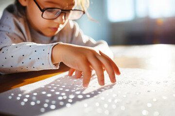 Visually impaired girl in in glasses reading braille in the inclusive elementary, primary school. Accessibility and equality in classroom. Inclusive education and World Braille Day concept. Close up