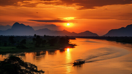 Sunset over the mekong river in southeastasia