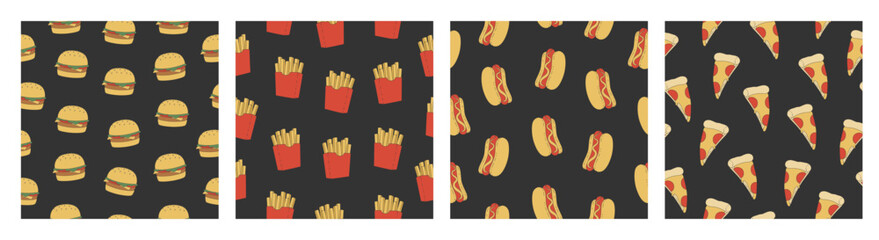 Set of seamless patterns with hot dog, burger, french fries and pizza. Cartoon elements on dark grey background. Vector illustration