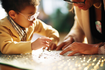 Visually impaired kid at a braille-friendly, inclusive nursery, guided by a supportive preschool teacher. World Braille Day concept