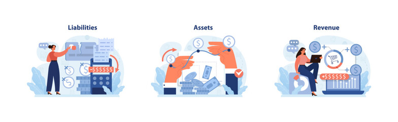 Finance trio concept. Delving into liabilities, maximizing assets, and achieving robust revenue. Flat vector illustration.