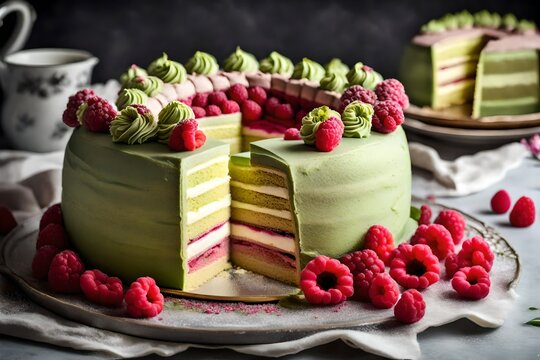 An elegant image of a Swedish Princess Cake, featuring layers of sponge, raspberry jam, vanilla custard, and green marzipan.