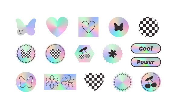 Collection of holographic stickers with iridescent foil adhesive film in y2k style. Set of 2000s butterfly, flower, heart, cherry illustration. Vector 