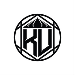 KU Letter Logo monogram hexagon slice crown sharp shield shape isolated circle abstract style design