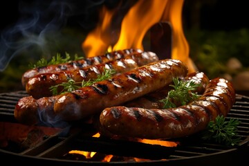 Sizzling Bratwurst on Summer BBQ, Juicy, Barbecue, Grilling, Food - obrazy, fototapety, plakaty
