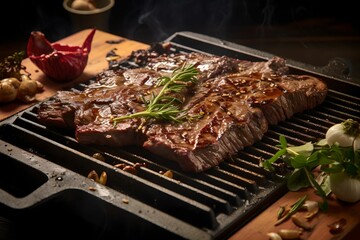 Succulent Grilled Steak on Hotplate, Savory, Seasonings, Delicious, Juicy