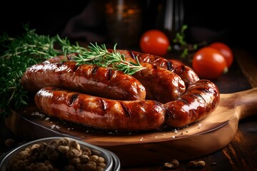 Rustic Table with Bratwurst Sausages, Close-Up, Cooking, Food, Meat