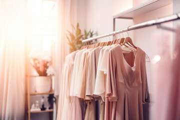 Chic clothing concept: women's blouses and dresses in a well-lit store interior. Perfect for a fashion blog or website