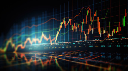 Close-up of a financial trading screen displaying market data with various colored candlestick charts, numerical values, and trend lines indicating stock performance.