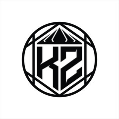 KZ Letter Logo monogram hexagon slice crown sharp shield shape isolated circle abstract style design