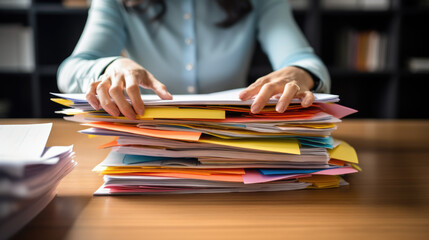 Close-up of a woman's hands organizing a large stack of documents and folders on a wooden desk - obrazy, fototapety, plakaty