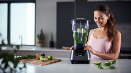 Smiling woman in a kitchen making smoothie, with a blender