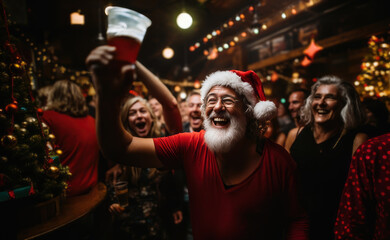 Obraz premium Joyful Santa Claus-themed party, with people dressed in Santa costumes, festive decorations, and a Christmas tree in the background, capturing the holiday spirit,