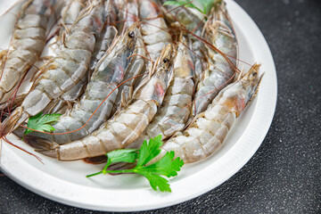 shrimp fresh langoustine raw prawn seafood fresh eating cooking appetizer meal food snack on the table copy space food background rustic top view 