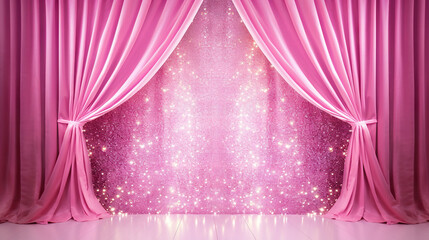 Glitter pink curtains reveal show grand opening stage - obrazy, fototapety, plakaty