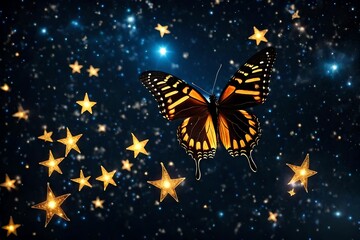 Transparent, beautiful, and dazzling butterfly soaring across the night sky with a blazing path...