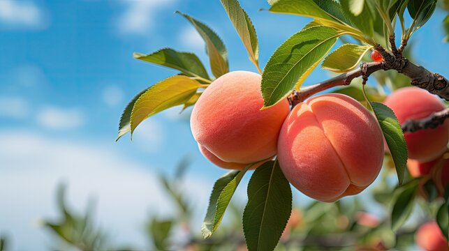 Sweet peach fruits ripening on peach tree branch