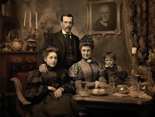 An antique portrait showcasing a Victorian-era family gathered together, posing elegantly in their fine attire.