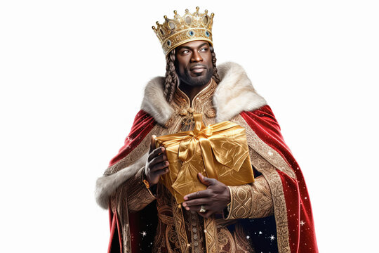 rey mago de oriente Baltasar sosteniendo un paquete regalo entre las manos dorado, sobre fondo blanco.Concepto navidad, dia de Reyes