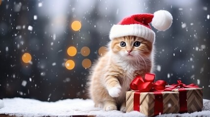 cute baby kitten cat wearing a red santa hat sitting in the snow with presents