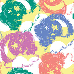 Starry night seamless vector pattern with moon, stars and clouds. Boho style decorative background for wallpaper, digital paper, wrapping design, fashion fabric, textile print. Hand drawn illustration