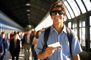 Smiling young blind man holds Braille boarding pass. On the background airport terminal and silhouettes of people. Accessibility travel for the visually impaired. World Braille Day concept - obrazy, fototapety, plakaty