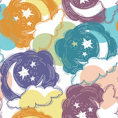 Starry night seamless vector pattern with moon, stars and clouds. Boho style decorative background for wallpaper, digital paper, wrapping design, fashion fabric, textile print. Hand drawn illustration