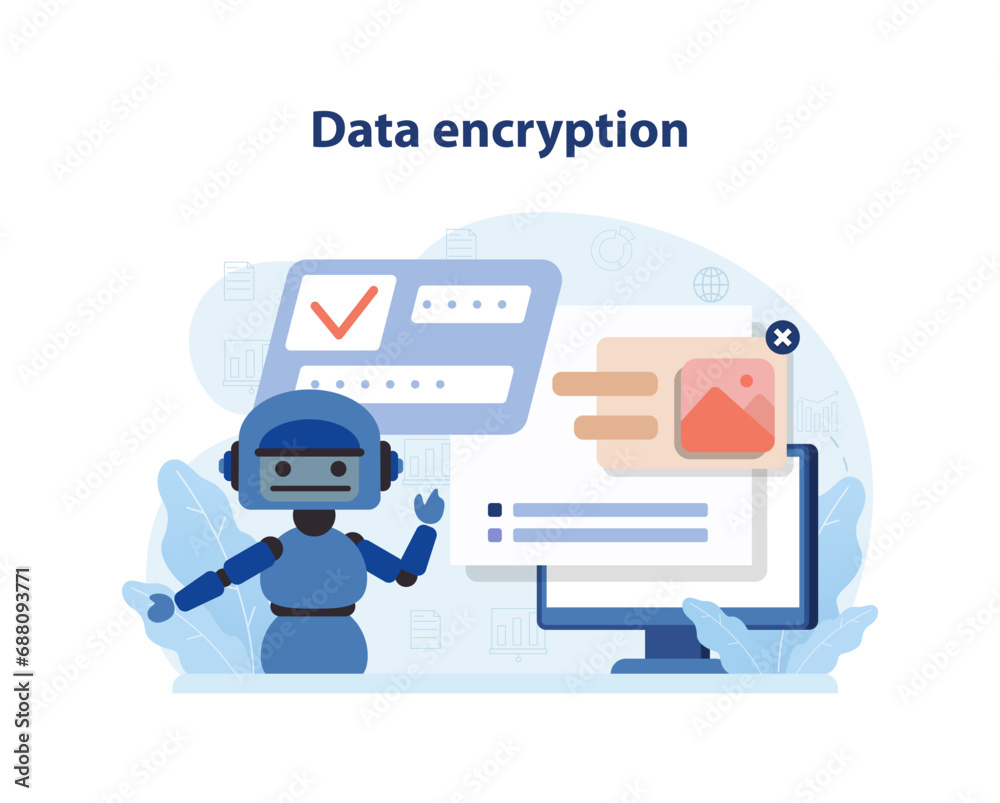 Poster data encryption concept. robot presents a monitor displaying password fields and image error, showca