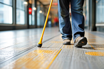 Close-up of a blind man walking along a tactile tile with a cane. Inclusive, accessibility and friendly environment in the self-orientation while moving through the streets of the city