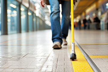Close-up of the legs a blind man with a cane walking on a tactile tile. Concept Accessibility streets of the city for visually impaired people